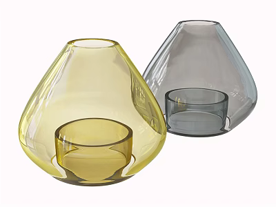 Glass Decorative Ornament Set With Yellow And Gray Teardrop Shaped Vases And Inner Small Cups 3d model