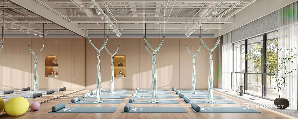 Contemporary Aerial Yoga Studio With Hammocks Yoga Mats And Foam Rollers 3d model 