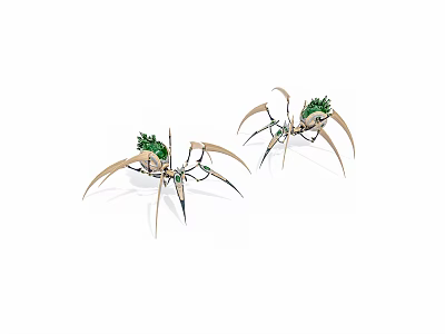 Two Mechanical Spider Models With Green Details And Long Legs On White Background 3d model
