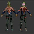 Female Character Front Back View With Biological Patterned Jacket And Distressed Denim Pants 3d model