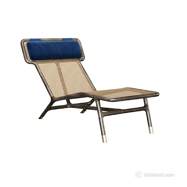 Modern Rattan Lounge Chair With Blue Cushion And Metal Frame 3d model 