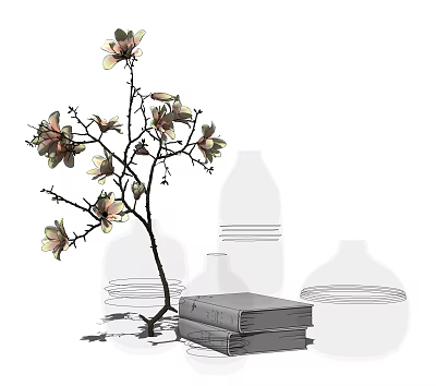 Magnolia Flowers in Transparent Glass Vases with Stacked Books as Decorative Arrangement 3d model