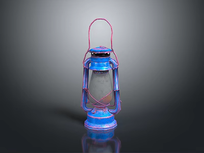 Vintage Blue And Pink Lantern With Metal Frame And Glass Shade 3d model