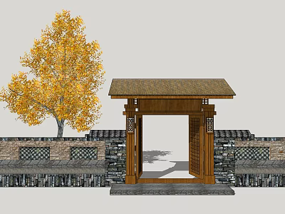 Wooden Entrance Gate With Thatched Roof And Yellow Tree By Stone Wall 3d model
