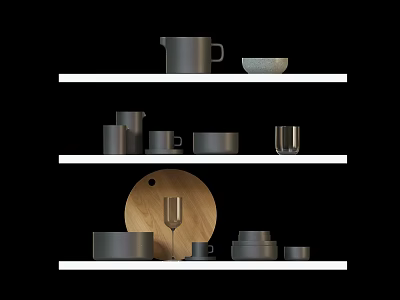 Stylish Kitchenware Display On White Shelves With Mugs Bowls Plates And Chopping Board 3d model