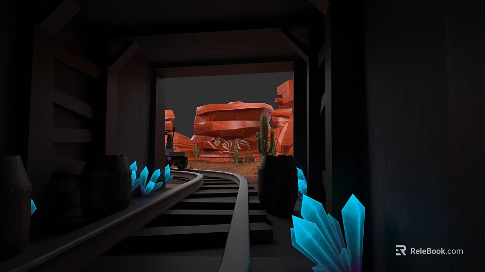 Micro Terrain Scene With Railway Tracks Red Rocks Cactus And Blue Crystals 3d model 