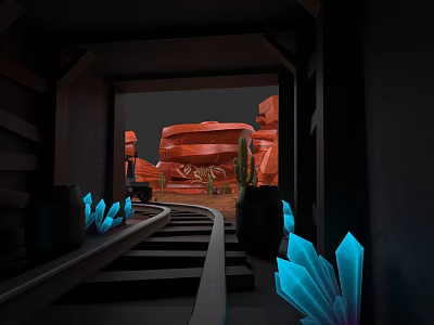 Micro Terrain Scene With Railway Tracks Red Rocks Cactus And Blue Crystals 3d model