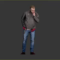 Man In Gray Jacket Blue Jeans And Red Shoes Standing Against Gray Background
