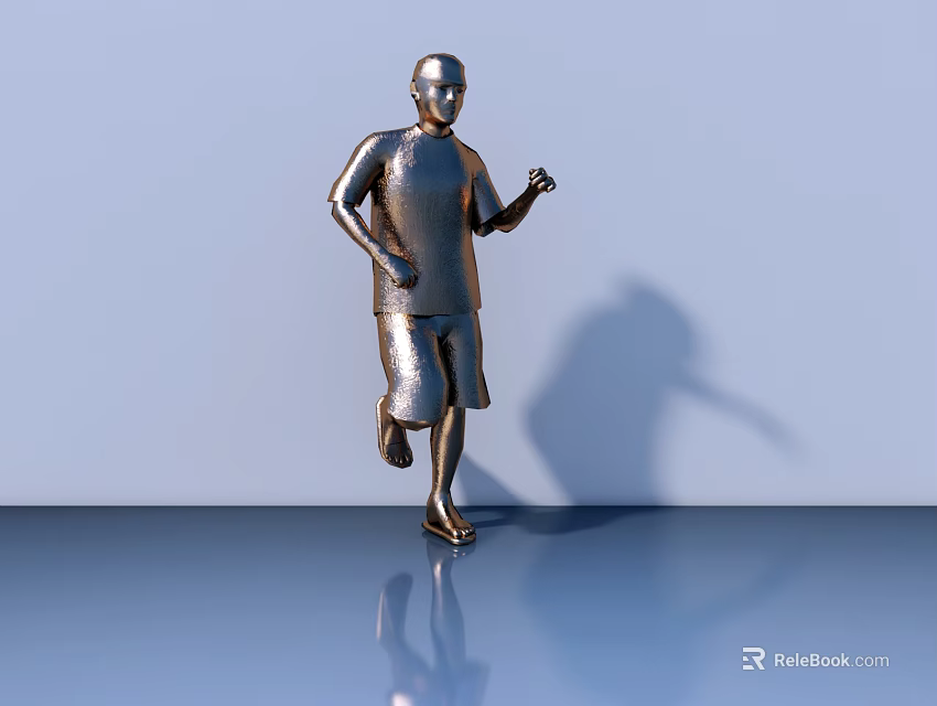 Silver Running Figure Sculpture on Blue Floor with Reflection and Shadow 3d model