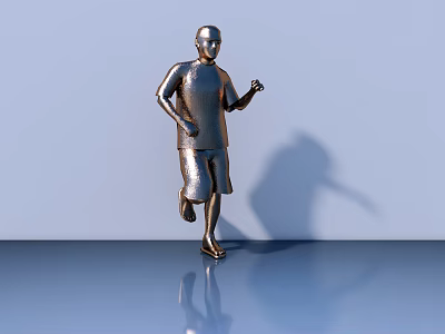 Silver Running Figure Sculpture on Blue Floor with Reflection and Shadow 3d model
