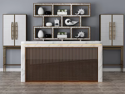 Elegant Modern Reception Desk With Marble Top Slatted Front And Decorative Shelves 3d model