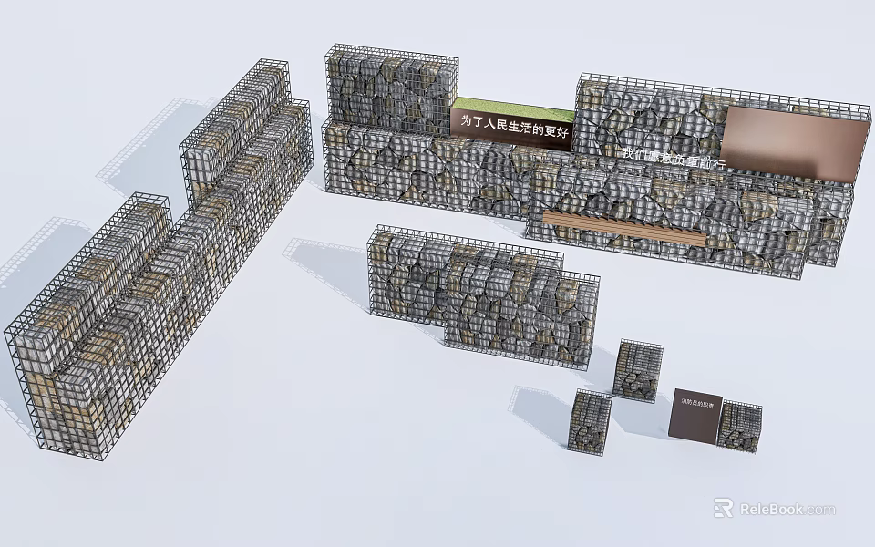 Stone Grid Feature Wall With Modular Design And Decorative Landscape Elements 3d model