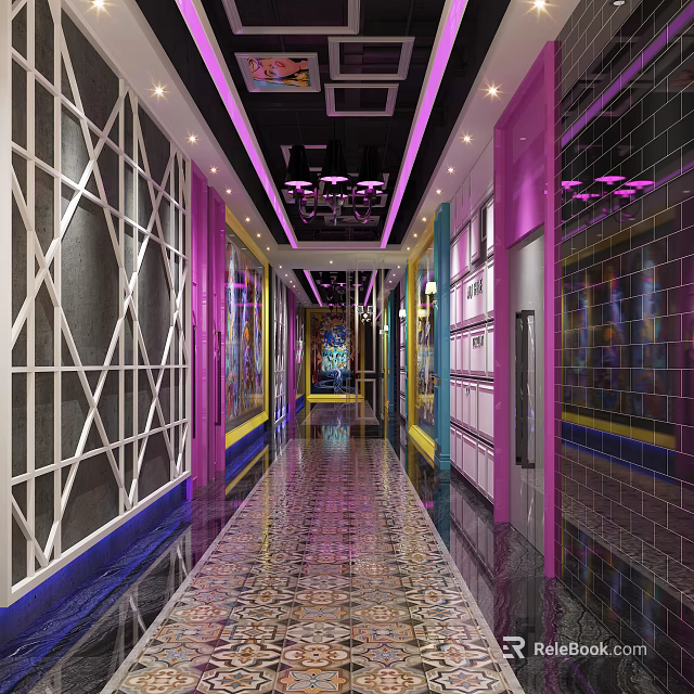 KTV Corridor Interior with Vibrant Purple Pink Lighting and Patterned Tiled Floor 3d model 