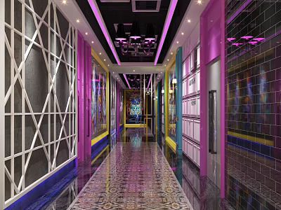 KTV Corridor Interior with Vibrant Purple Pink Lighting and Patterned Tiled Floor 3d model