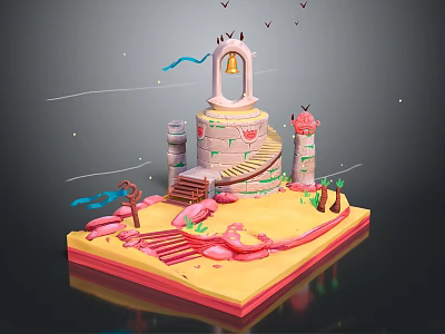 Whimsical Stone Castle Structure With Spiral Staircase Bell Tower And Sand Base 3d model