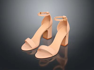 Women's Beige Block Heel Sandals With Ankle Strap And Open Toe 3d model
