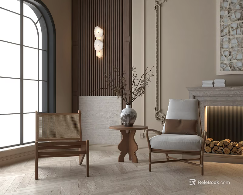 Wicker and Gray Padded Single Chairs with Arched Window Herringbone Floor and Wooden Wall Fireplace 3d model 