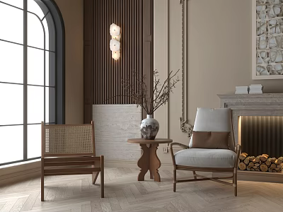 Wicker and Gray Padded Single Chairs with Arched Window Herringbone Floor and Wooden Wall Fireplace 3d model