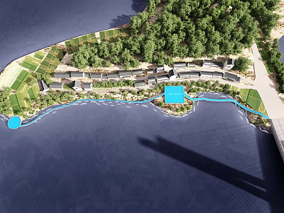 Aerial View Planning of Waterfront Green Spaces Buildings and Blue Pools 3d model