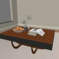 Wooden Coffee Table With Grid Top Curved Legs And Fruits Vase Book In Living Room