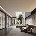 Modern Garden Design with Large Tree Water Fountain Stone Wall and Green Lawn Features