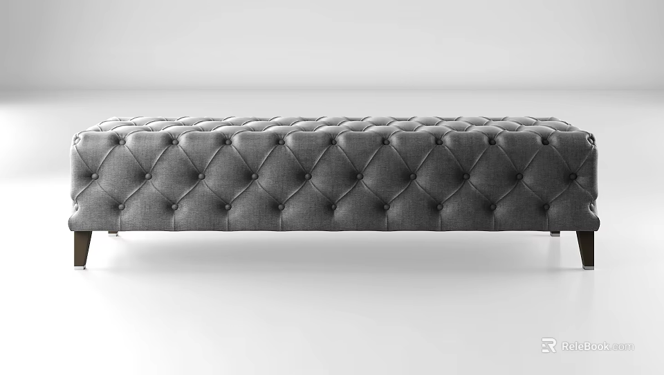 Modern Gray Tufted Ottoman Bench With Button Details And Metal Legs 3d model 