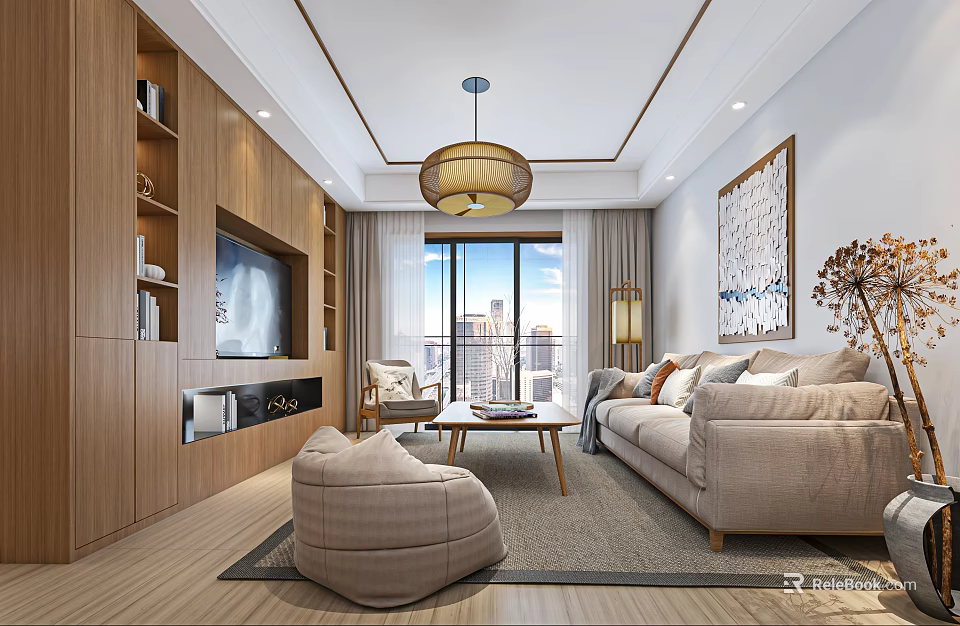 Modern Warm Wood Tone Living And Dining Room Interior With Comfortable Sofas And Panoramic Window 3d model 