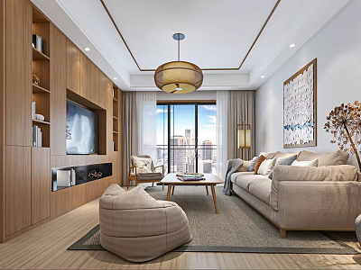 Modern Warm Wood Tone Living And Dining Room Interior With Comfortable Sofas And Panoramic Window 3d model