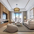 Modern Warm Wood Tone Living And Dining Room Interior With Comfortable Sofas And Panoramic Window