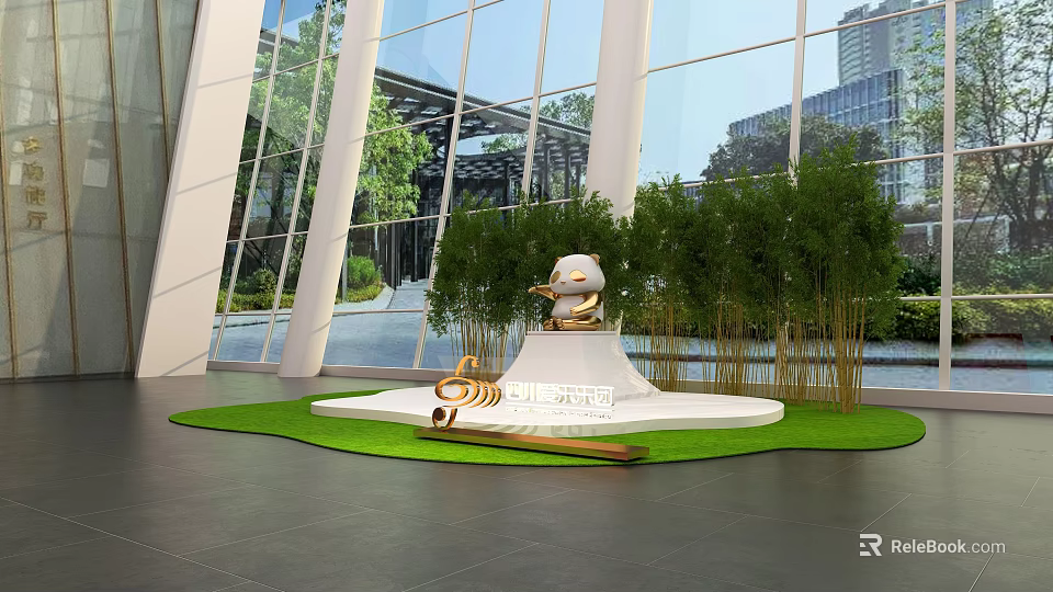 Modern Indoor Stage With White Platform Panda Sculpture Green Bamboo Glass Windows And Golden Decorations 3d model 