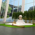 Modern Indoor Stage With White Platform Panda Sculpture Green Bamboo Glass Windows And Golden Decorations