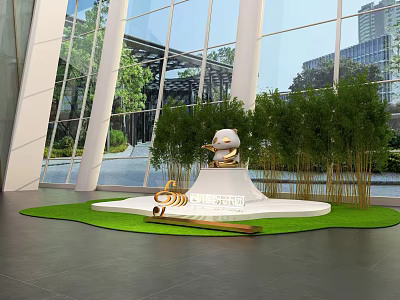 Modern Indoor Stage With White Platform Panda Sculpture Green Bamboo Glass Windows And Golden Decorations 3d model
