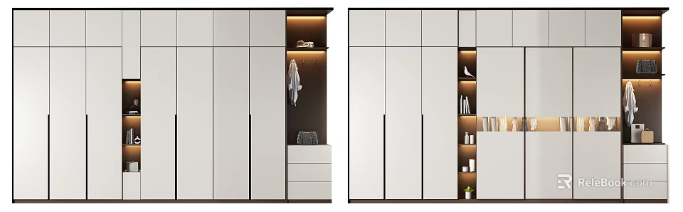 Modern Wardrobe Design With White And Dark Panels Hanging Area Drawers And Open Shelves 3d model 