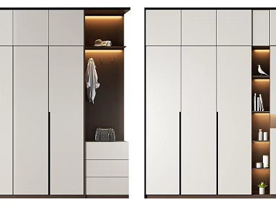 Modern Wardrobe Design With White And Dark Panels Hanging Area Drawers And Open Shelves 3d model