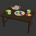 Wooden Dining Table With Blue Teapot Blue Mugs Cookies And Plates