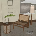 Natural Wooden Frame Leisure Chair With Woven Seat And Side Table Green Plant Floor Lamp