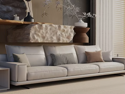 Light Gray Three Seater Sofa With Decorative Cushions Wooden Wall Panel And Decorative Vases Plants 3d model