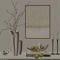Elegant Decorative Ornament Set with White Vase Branches Wooden Tray Green Apples Candles and Artwork