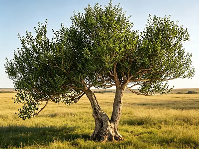 Lush Green Tree with Thick Trunk and Spreading Branches in Open Grassland under Blue Sky 3d model