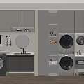 Modern Laundry Room Interior With Storage Lockers Washing Machine Dryer Sink Mirror And Wooden Floor
