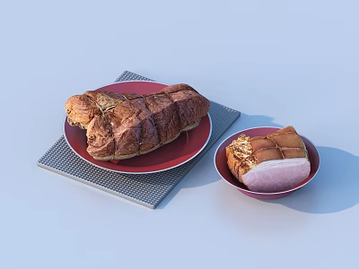 Braided Baked Bread With Sesame Seeds On Red Plate And Small Bowl On Gray Placemat 3d model