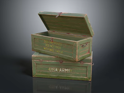 Green Wooden Boxes With USA ARMY Logo Stacked And Open Lid 3d model