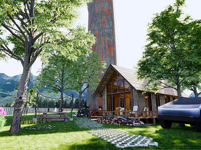Log Cabin With Large Windows And Porch Surrounded By Trees Grass And Mountains 3d model
