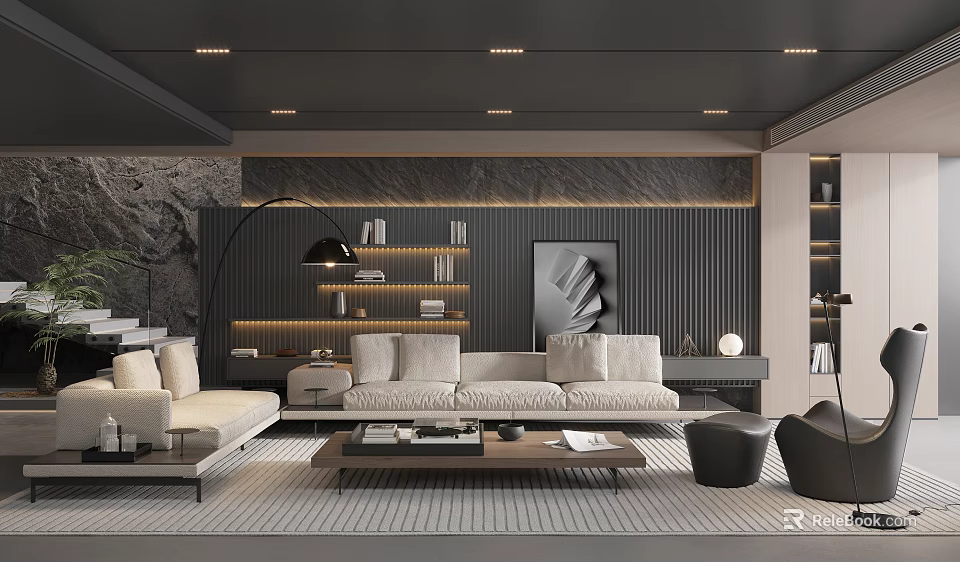 Modern Living Room Interior Design With Sofa Coffee Table Floor Lamp Shelves And Rug 3d model 