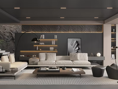 Modern Living Room Interior Design With Sofa Coffee Table Floor Lamp Shelves And Rug 3d model
