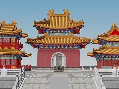 Traditional Chinese Ancient Architecture With Yellow Tiled Roofs Red Walls Ornate Eaves And Arched Gate 3d model