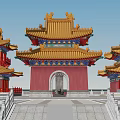 Traditional Chinese Ancient Architecture With Yellow Tiled Roofs Red Walls Ornate Eaves And Arched Gate