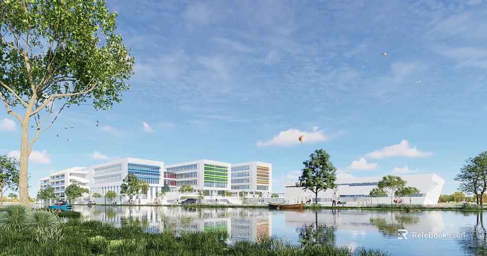 Modern School Buildings With White Glass Curtain Walls By Waterfront Greenery And Blue Sky Reflections 3d model 