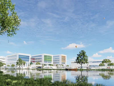 Modern School Buildings With White Glass Curtain Walls By Waterfront Greenery And Blue Sky Reflections 3d model