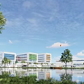 Modern School Buildings With White Glass Curtain Walls By Waterfront Greenery And Blue Sky Reflections